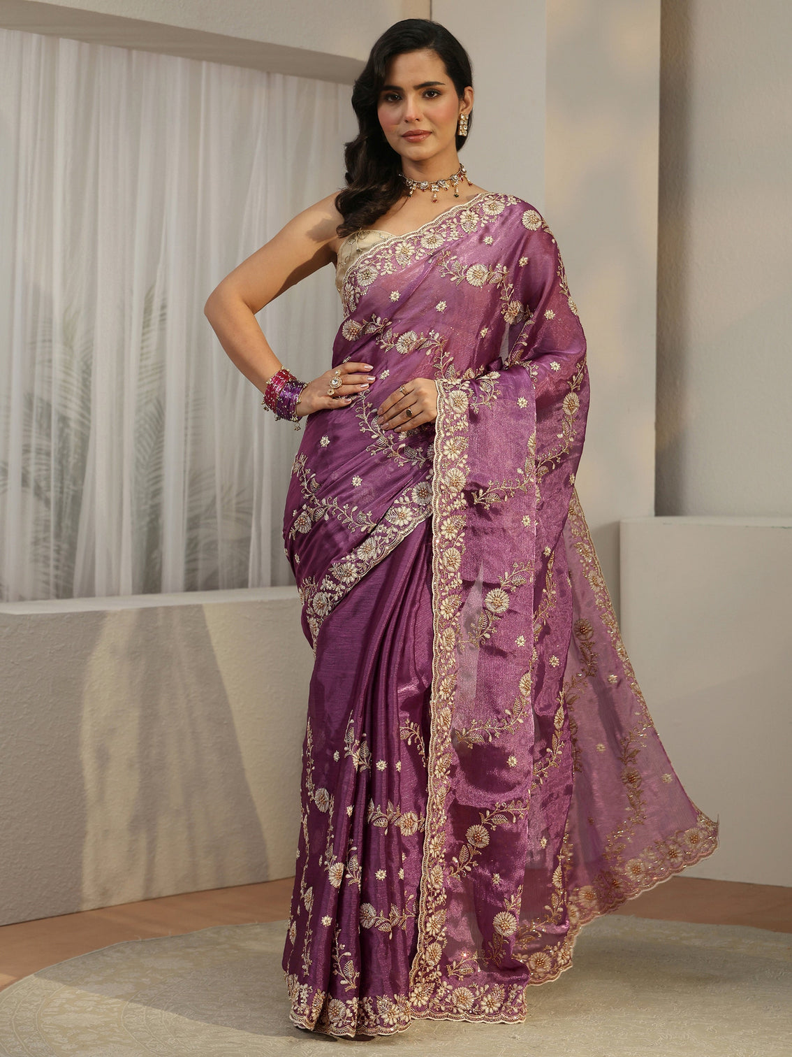 Mameraa Wine Floral Embroidered Tissue Saree