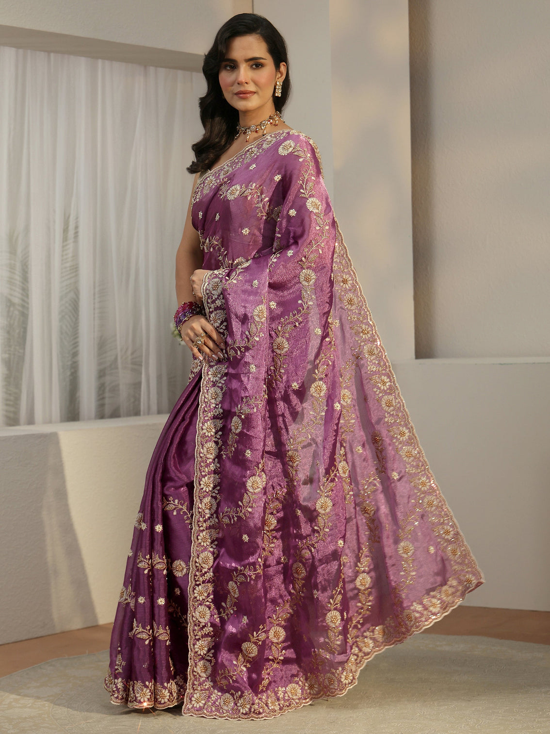 Mameraa Wine Floral Embroidered Tissue Saree