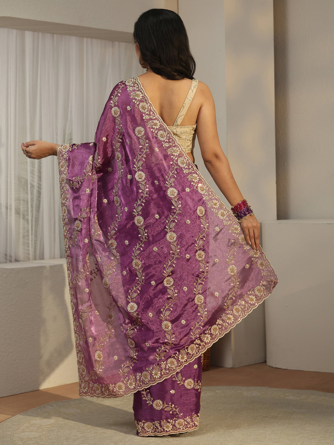 Mameraa Wine Floral Embroidered Tissue Saree