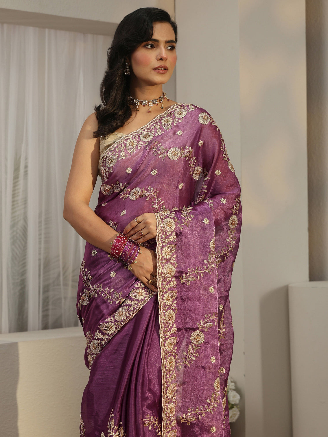 Mameraa Wine Floral Embroidered Tissue Saree