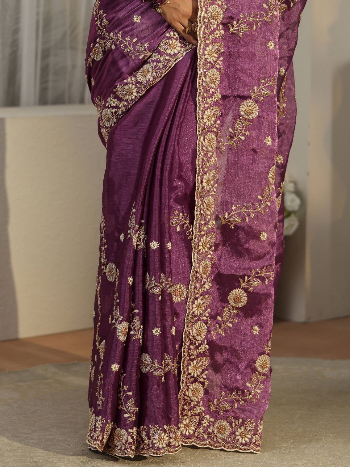 Mameraa Wine Floral Embroidered Tissue Saree