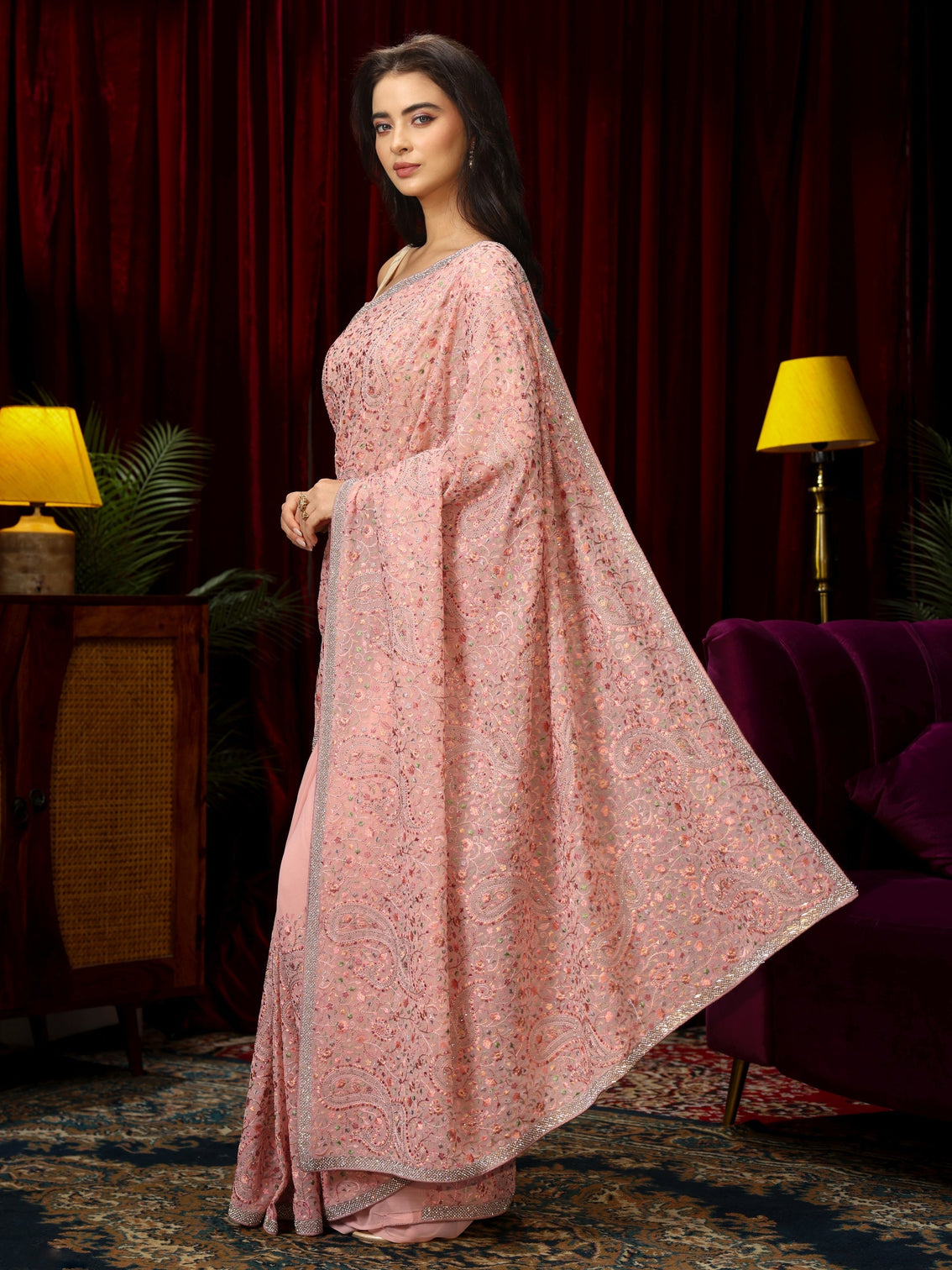Mameraa Peach Pink Paisley Embroidered Georgette Saree