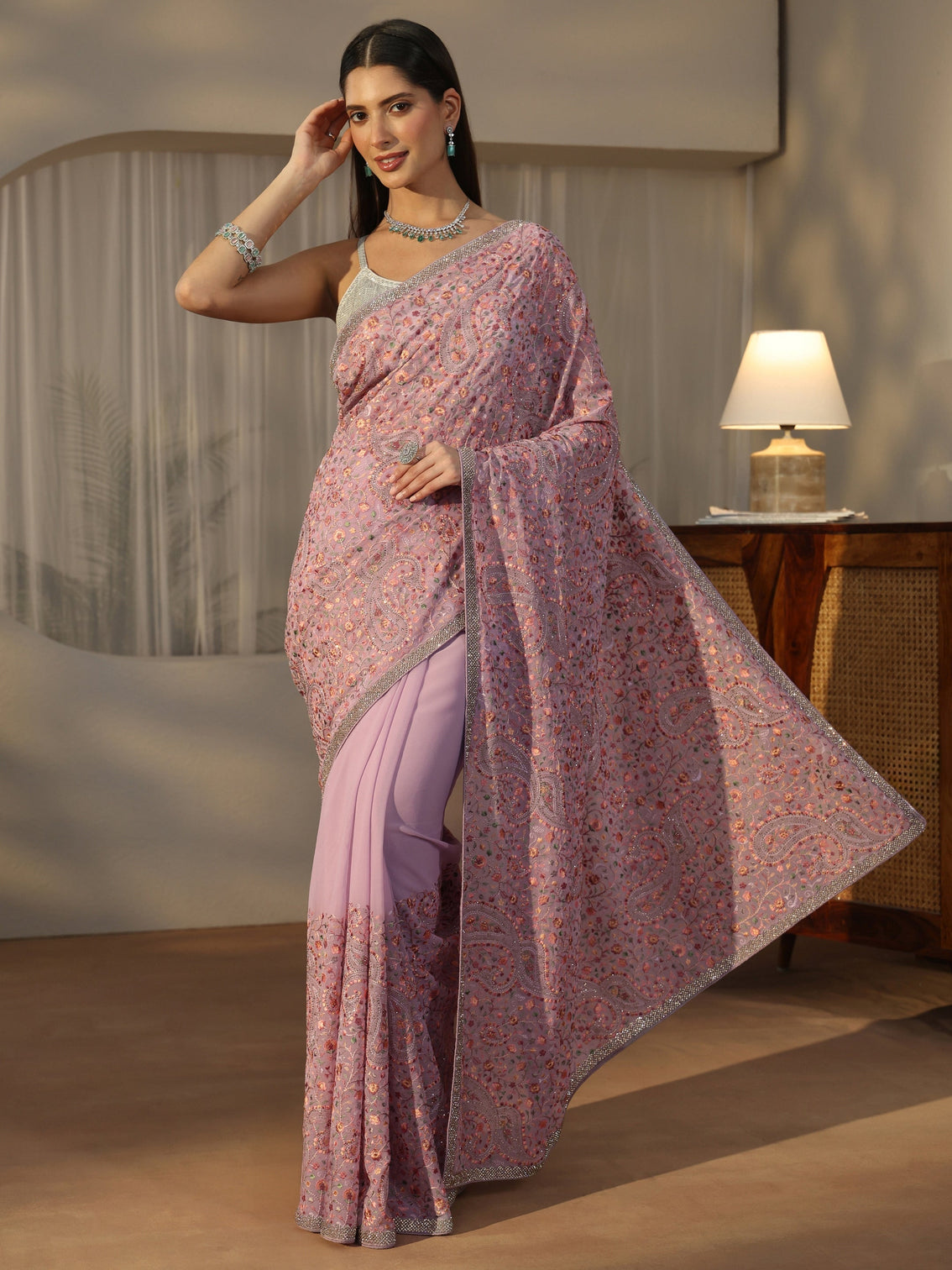 Mameraa Lavender Embroidered Georgette Saree