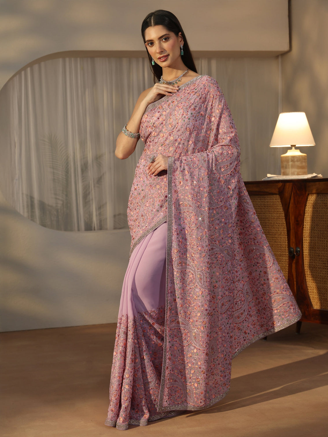 Mameraa Lavender Embroidered Georgette Saree