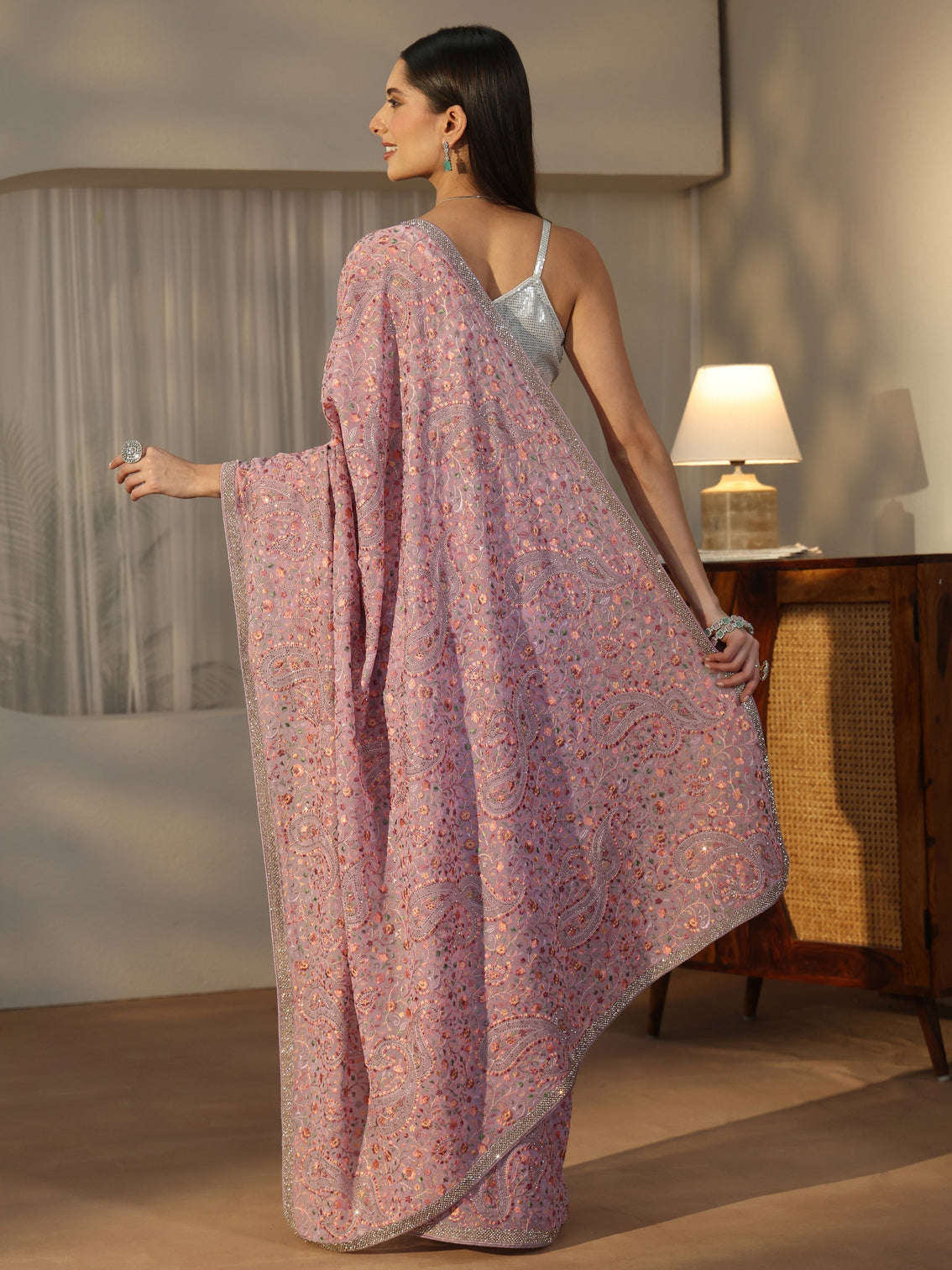 Mameraa Lavender Embroidered Georgette Saree