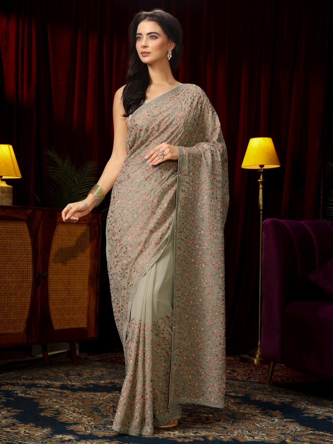 Mameraa Green Paisley Embroidered Georgette Saree