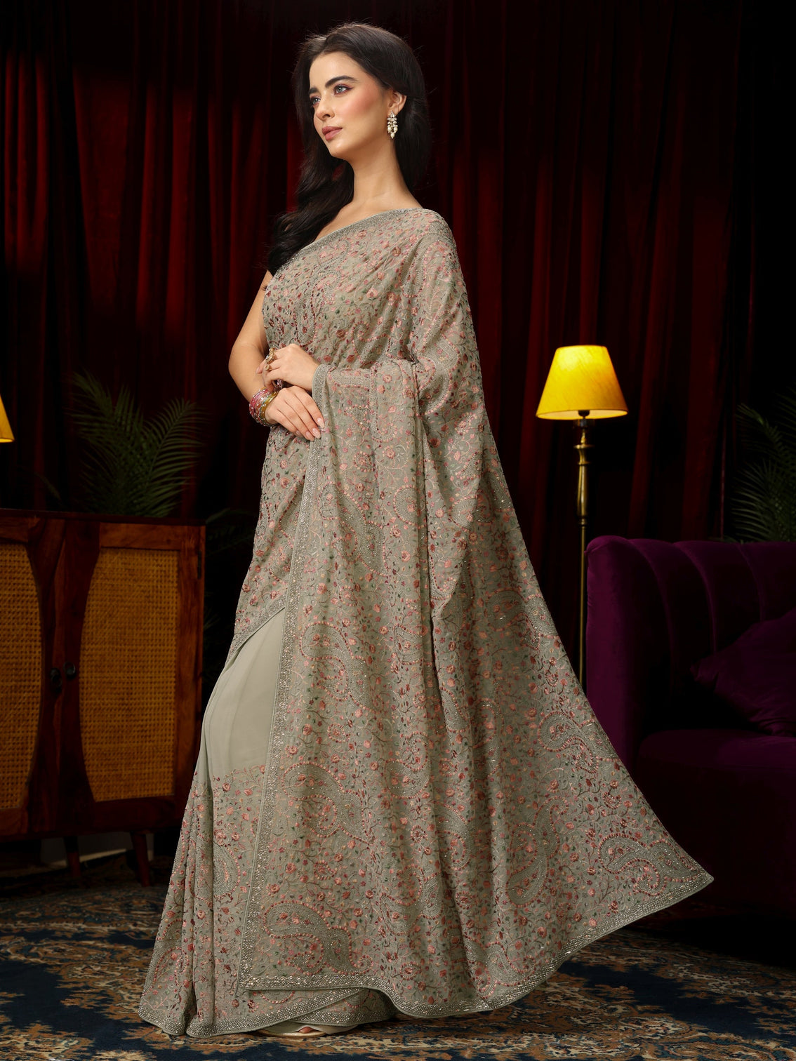 Mameraa Green Paisley Embroidered Georgette Saree