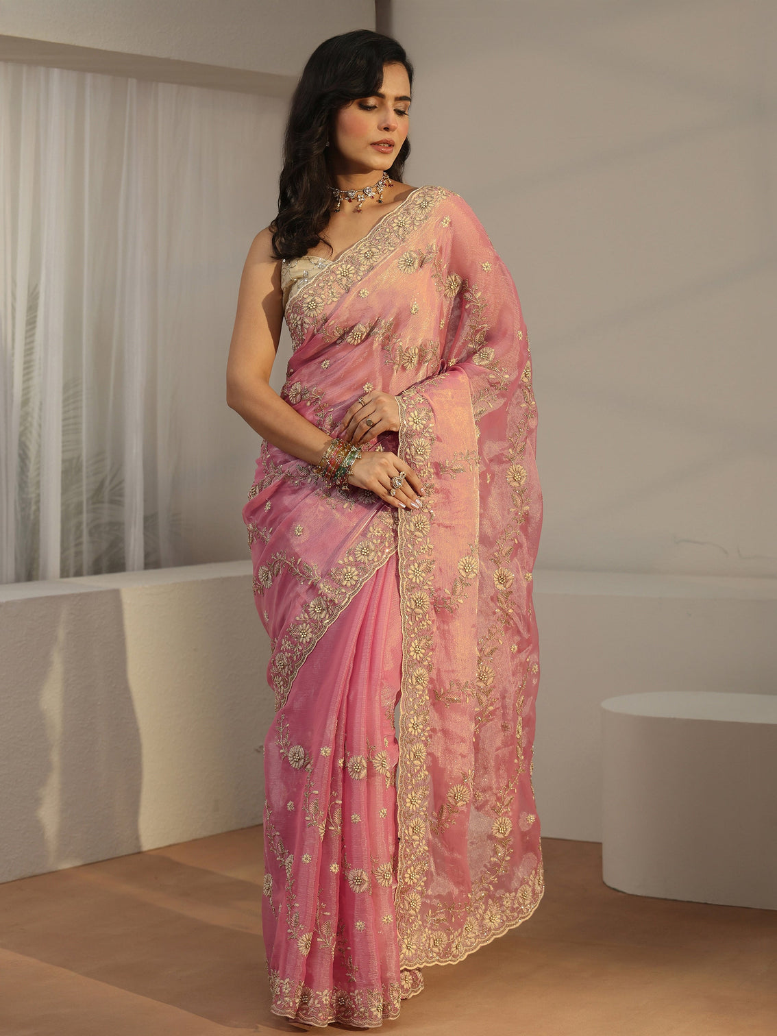 Mameraa Dusty Pink Floral Embroidered Tissue Saree