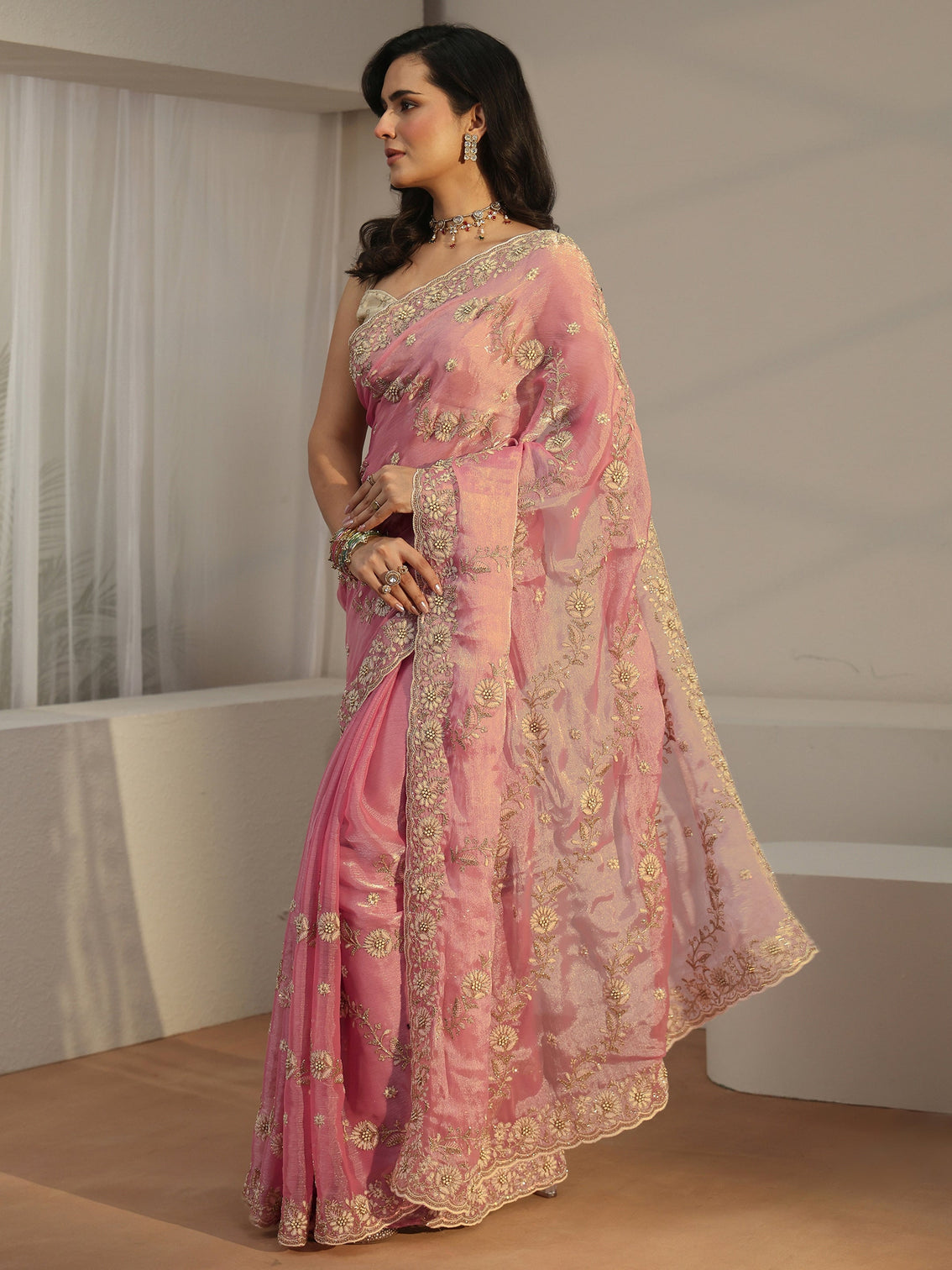 Mameraa Dusty Pink Floral Embroidered Tissue Saree