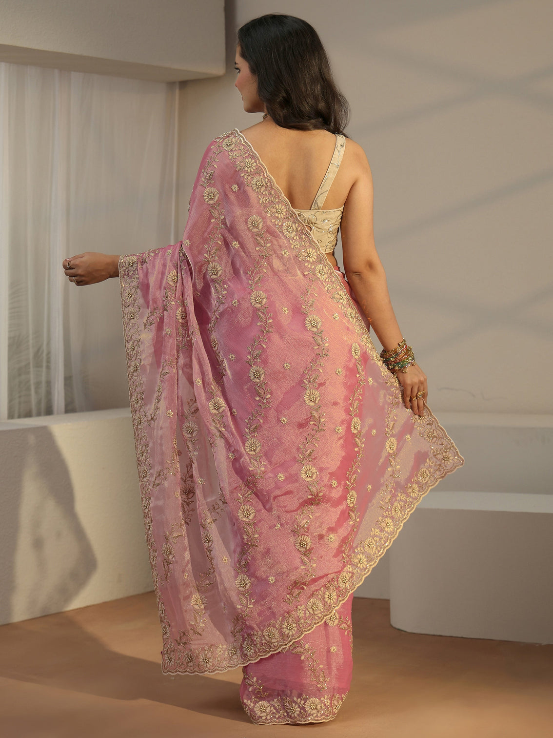 Mameraa Dusty Pink Floral Embroidered Tissue Saree