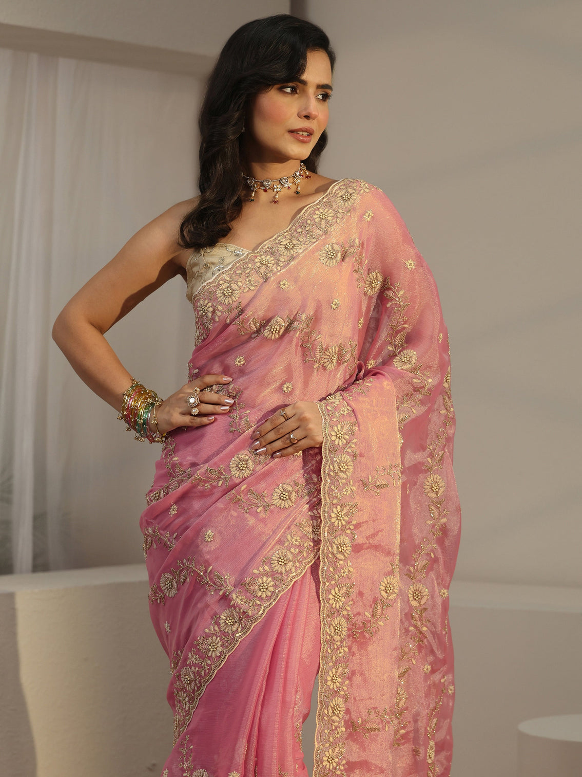 Mameraa Dusty Pink Floral Embroidered Tissue Saree