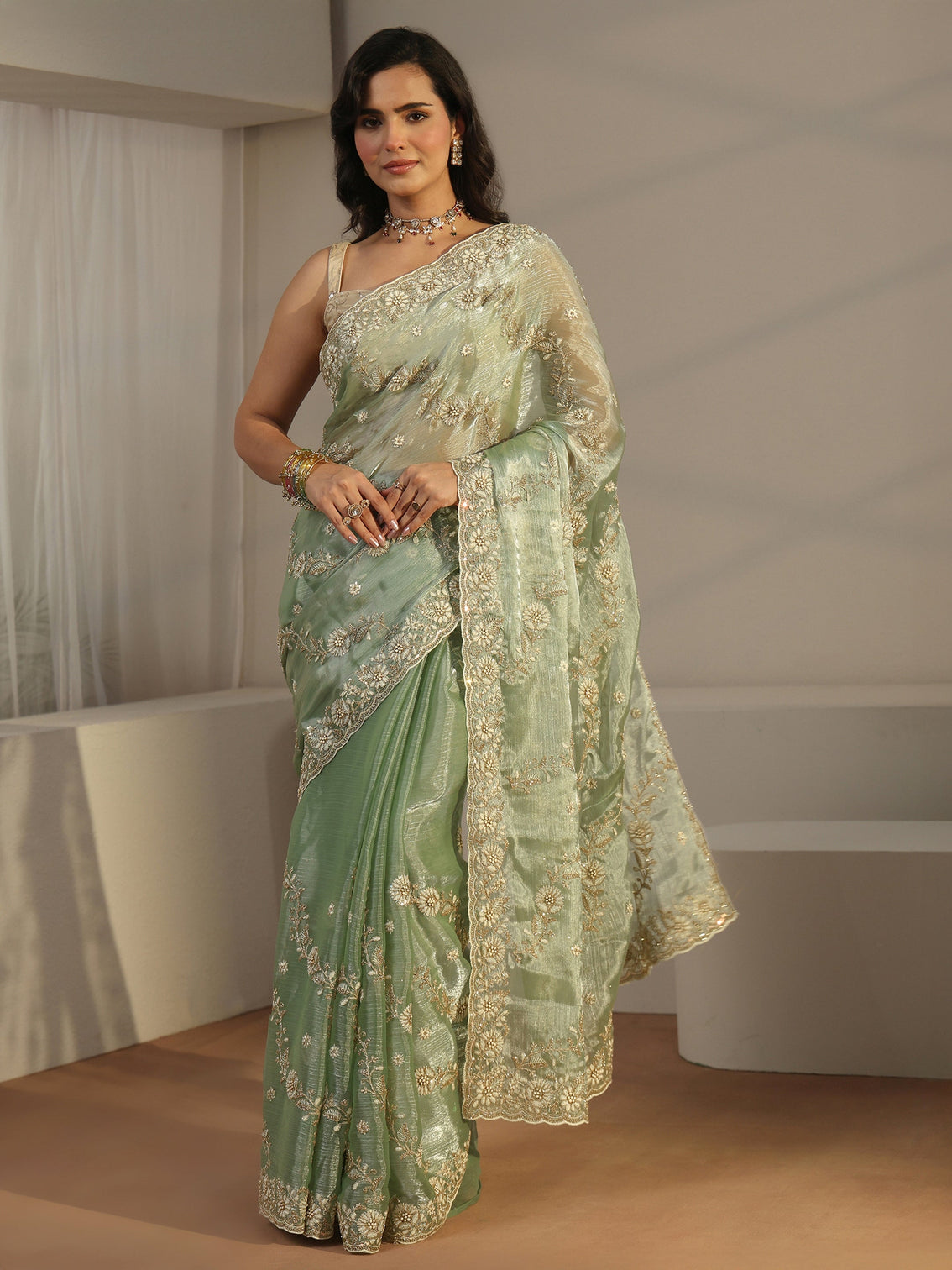 Mameraa Pista Green Floral Embroidered Tissue Saree