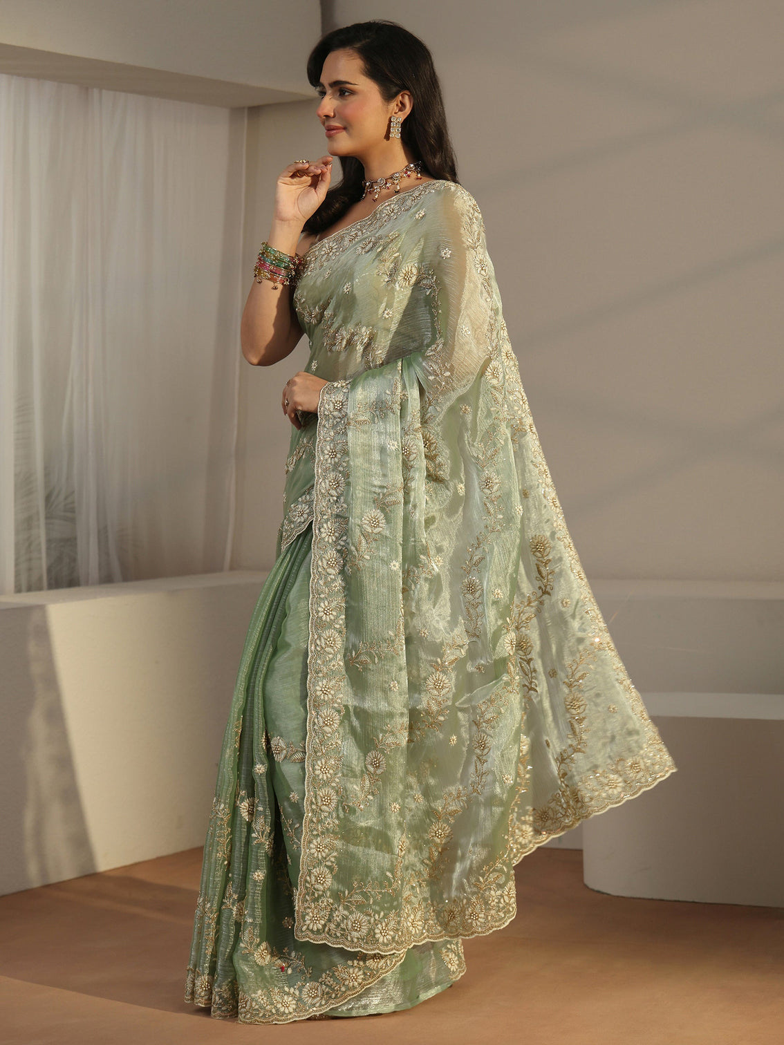 Mameraa Pista Green Floral Embroidered Tissue Saree