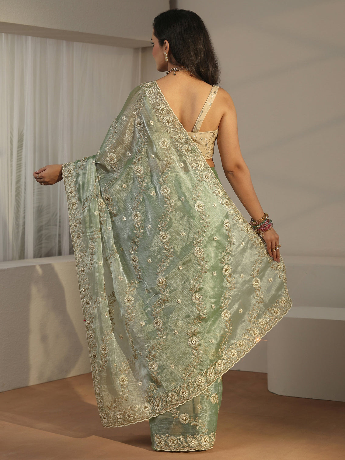 Mameraa Pista Green Floral Embroidered Tissue Saree
