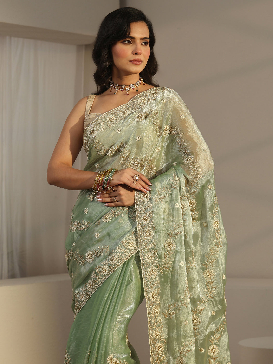 Mameraa Pista Green Floral Embroidered Tissue Saree