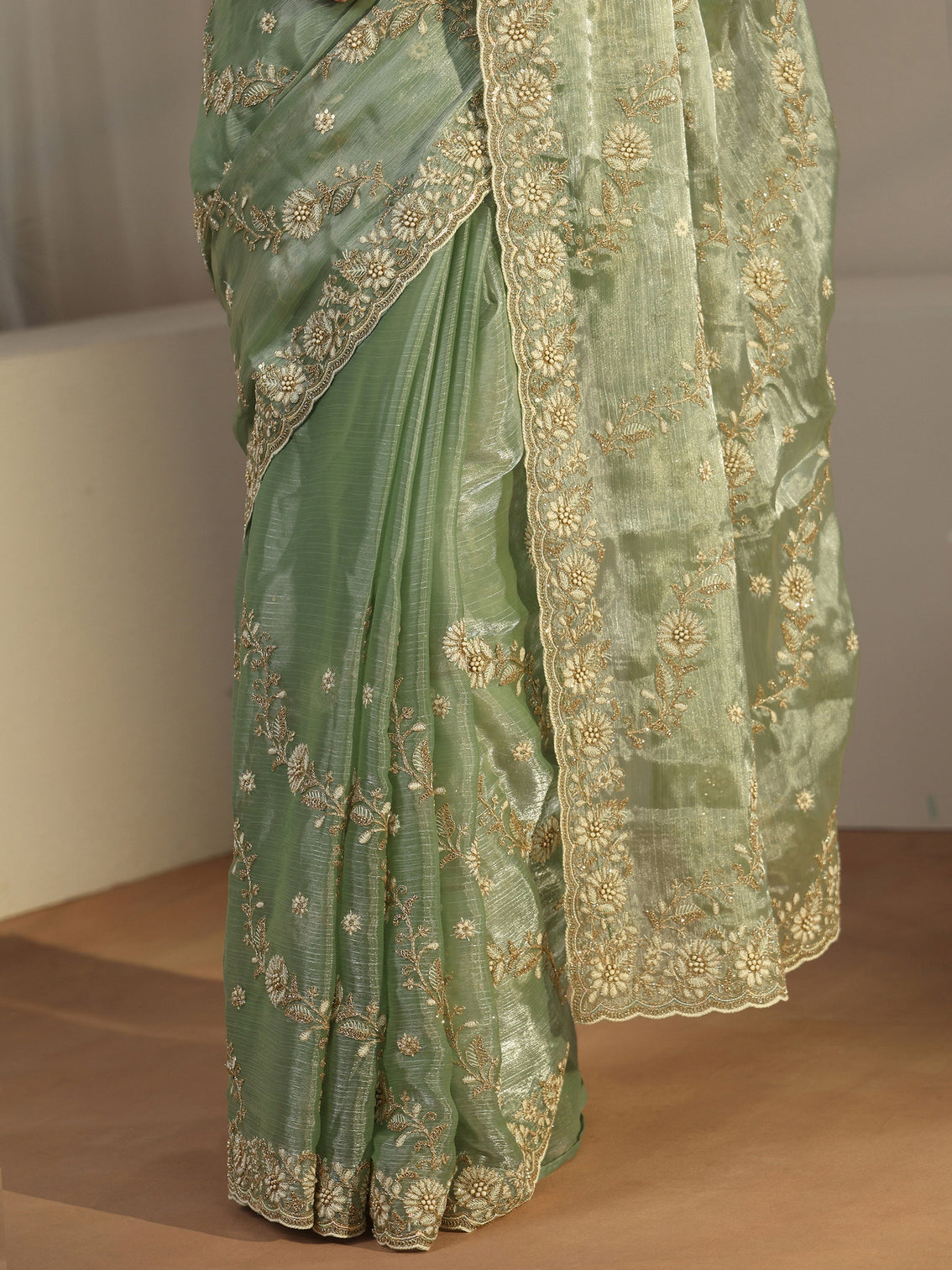 Mameraa Pista Green Floral Embroidered Tissue Saree