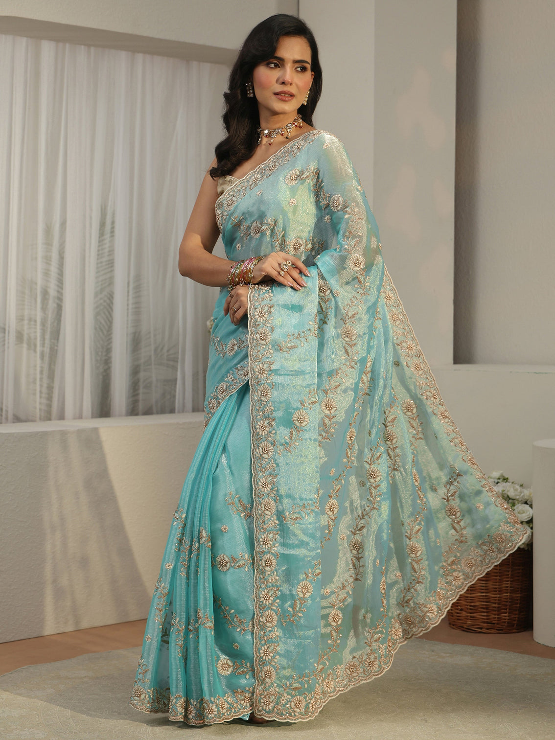 Mameraa Turquoise Blue Floral Embroidered Tissue Saree