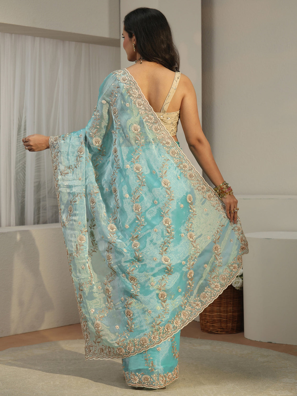 Mameraa Turquoise Blue Floral Embroidered Tissue Saree