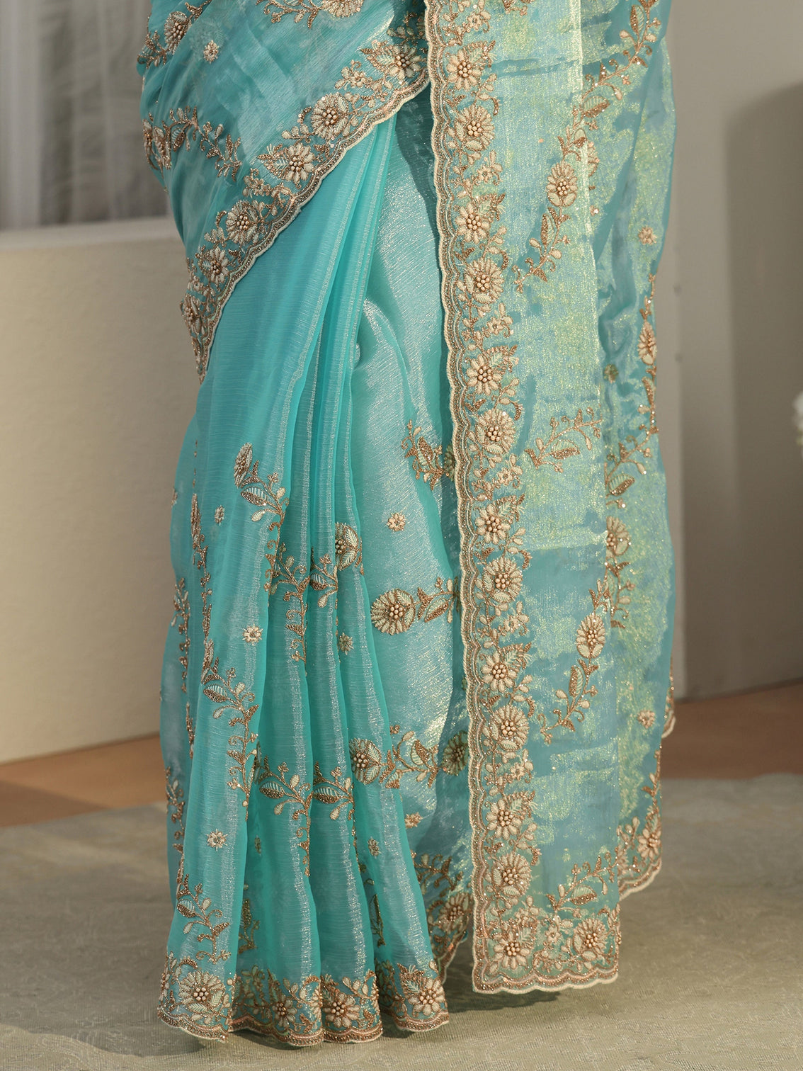 Mameraa Turquoise Blue Floral Embroidered Tissue Saree