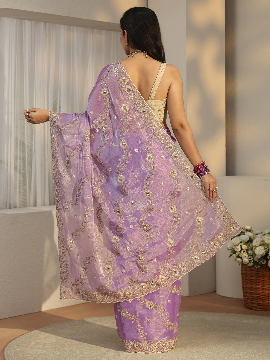 Mameraa Lavender Floral Embroidered Tissue Saree