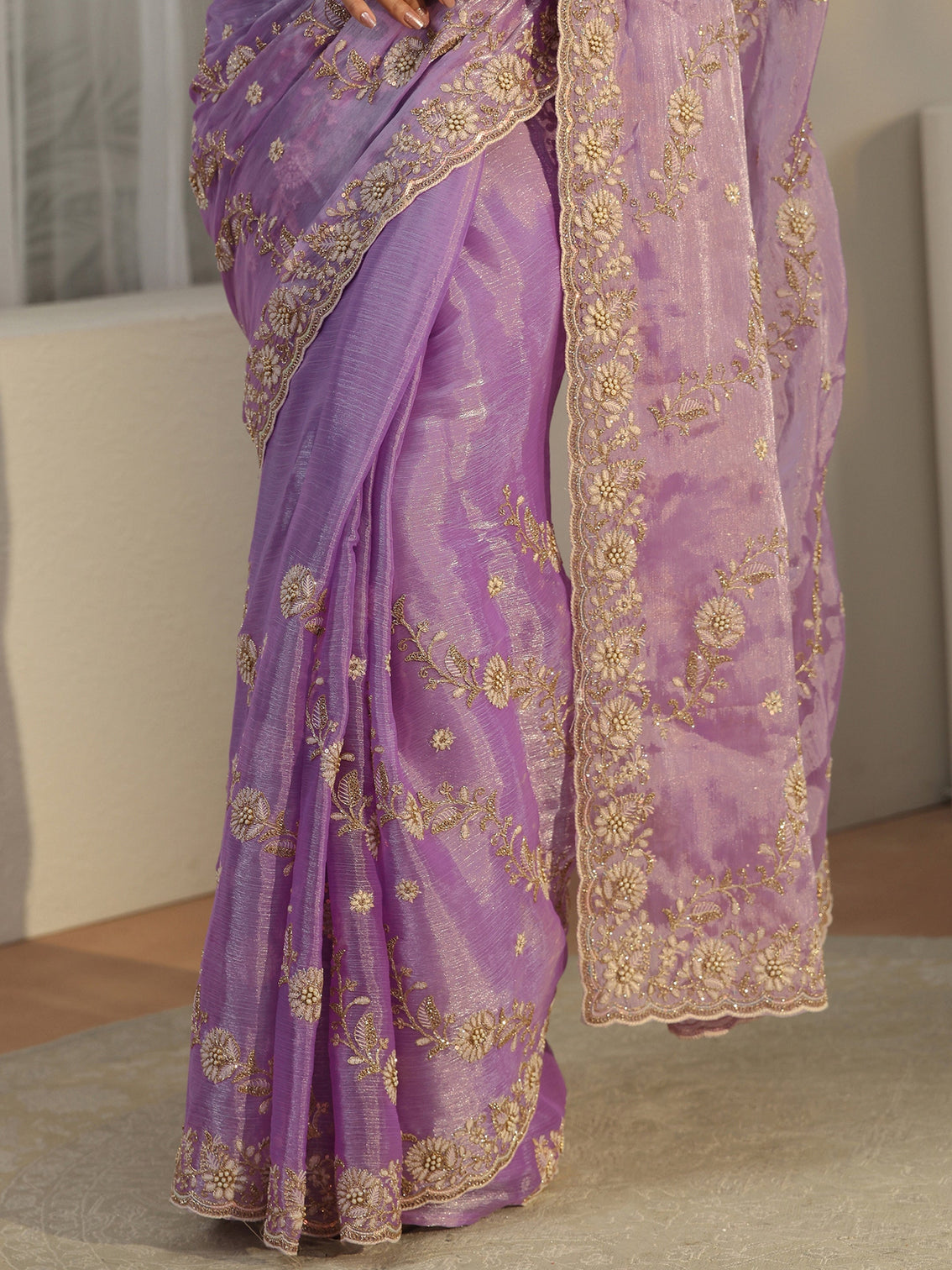 Mameraa Lavender Floral Embroidered Tissue Saree