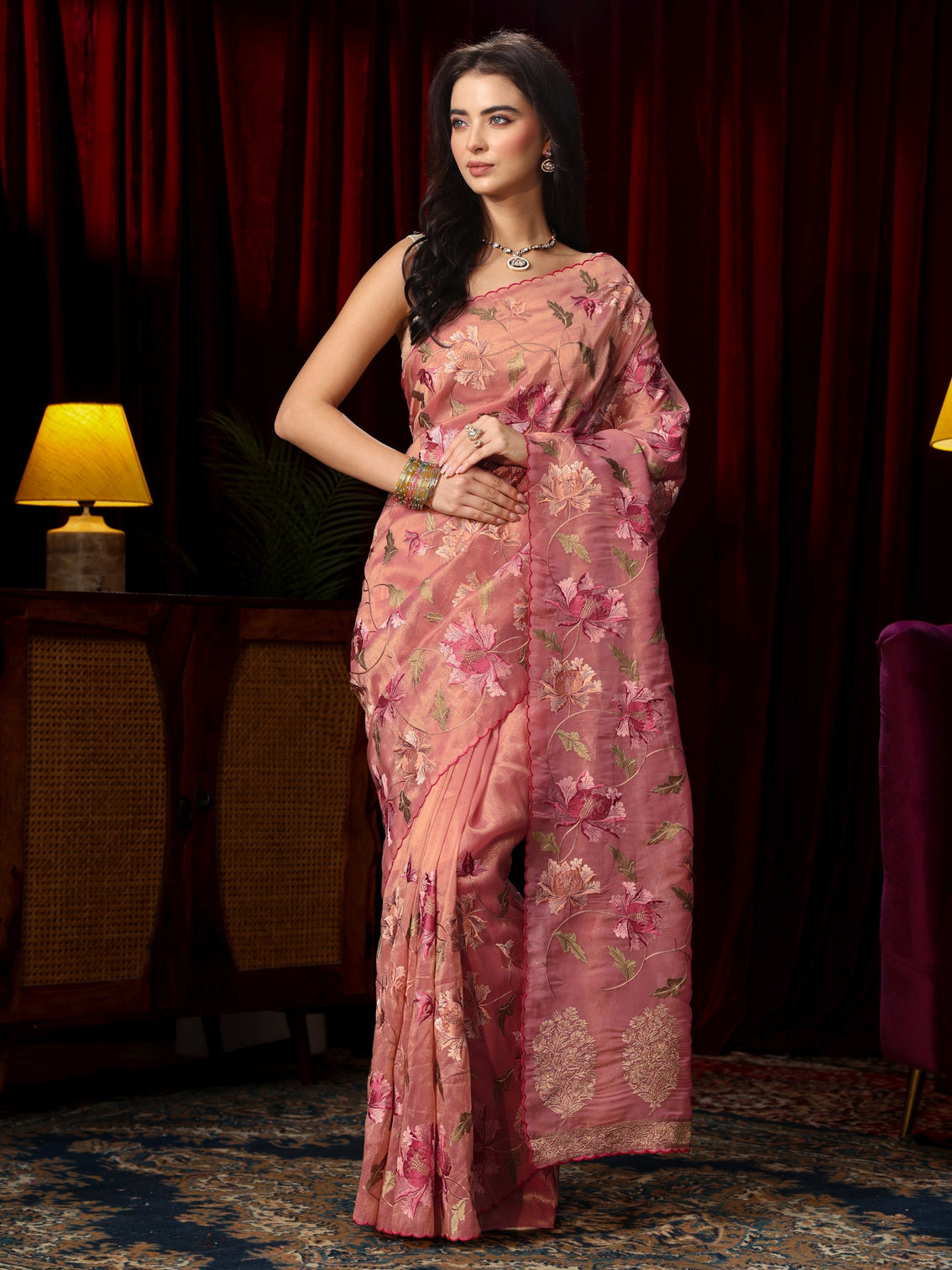 Mameraa Peach Pink Floral Embroidered Organza Saree