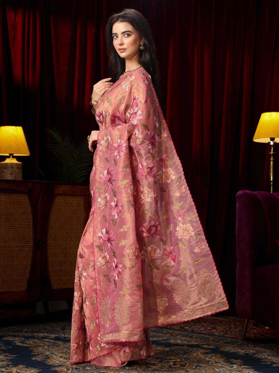 Mameraa Peach Pink Floral Embroidered Organza Saree