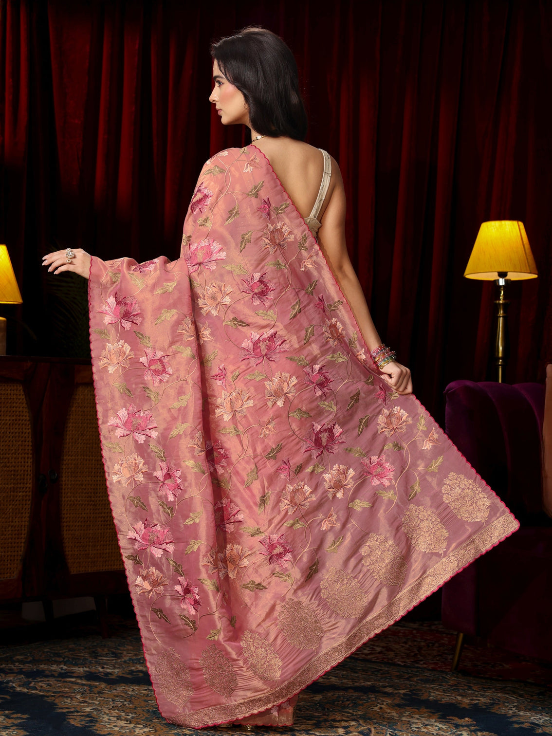 Mameraa Peach Pink Floral Embroidered Organza Saree