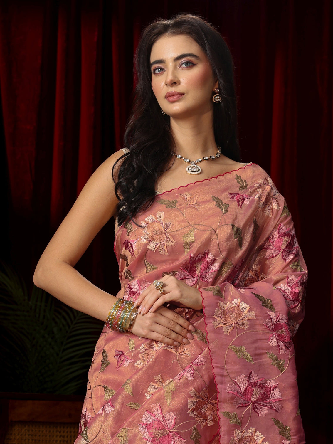 Mameraa Peach Pink Floral Embroidered Organza Saree