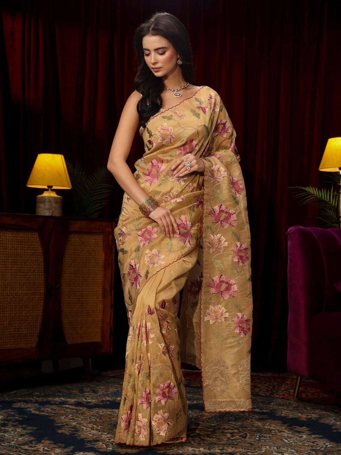 Mameraa Beige Floral Embroidered Organza Saree