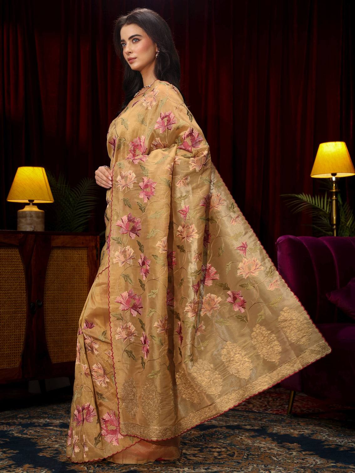 Mameraa Beige Floral Embroidered Organza Saree