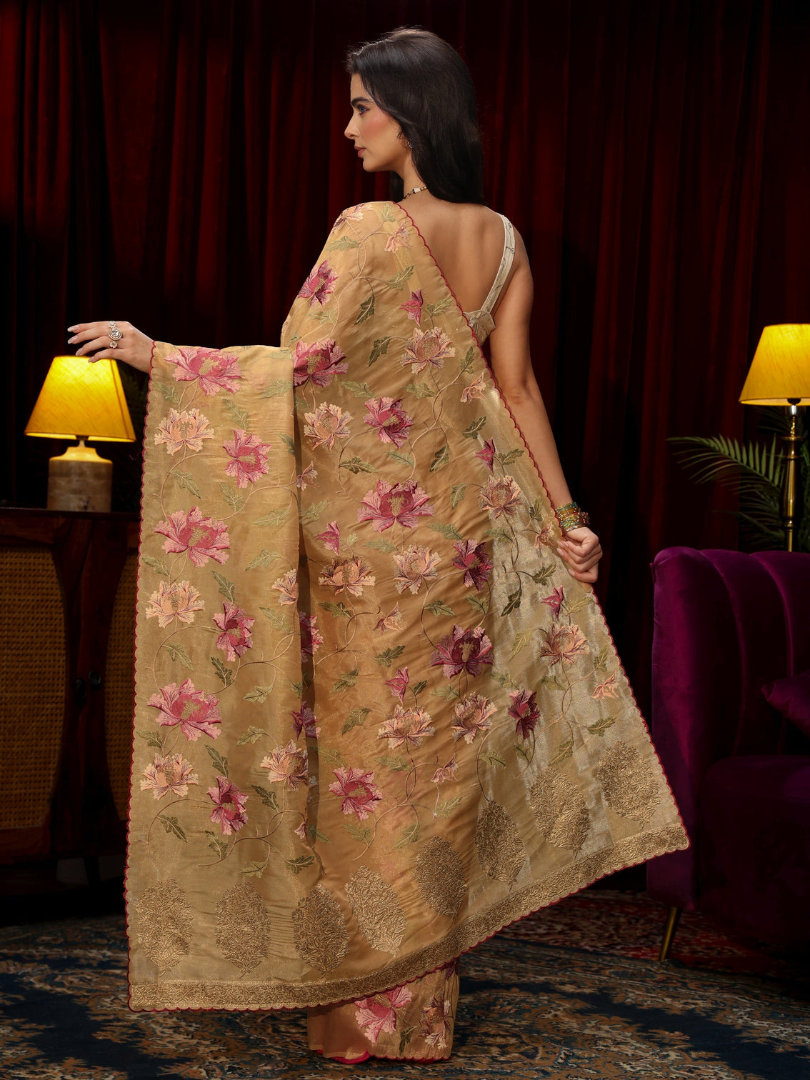 Mameraa Beige Floral Embroidered Organza Saree