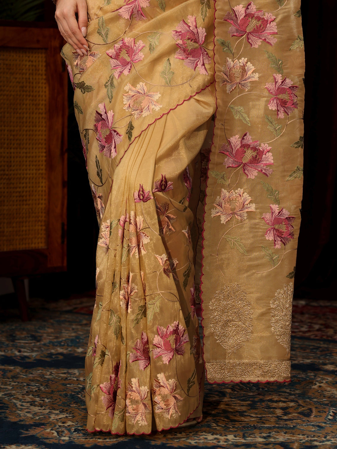 Mameraa Beige Floral Embroidered Organza Saree