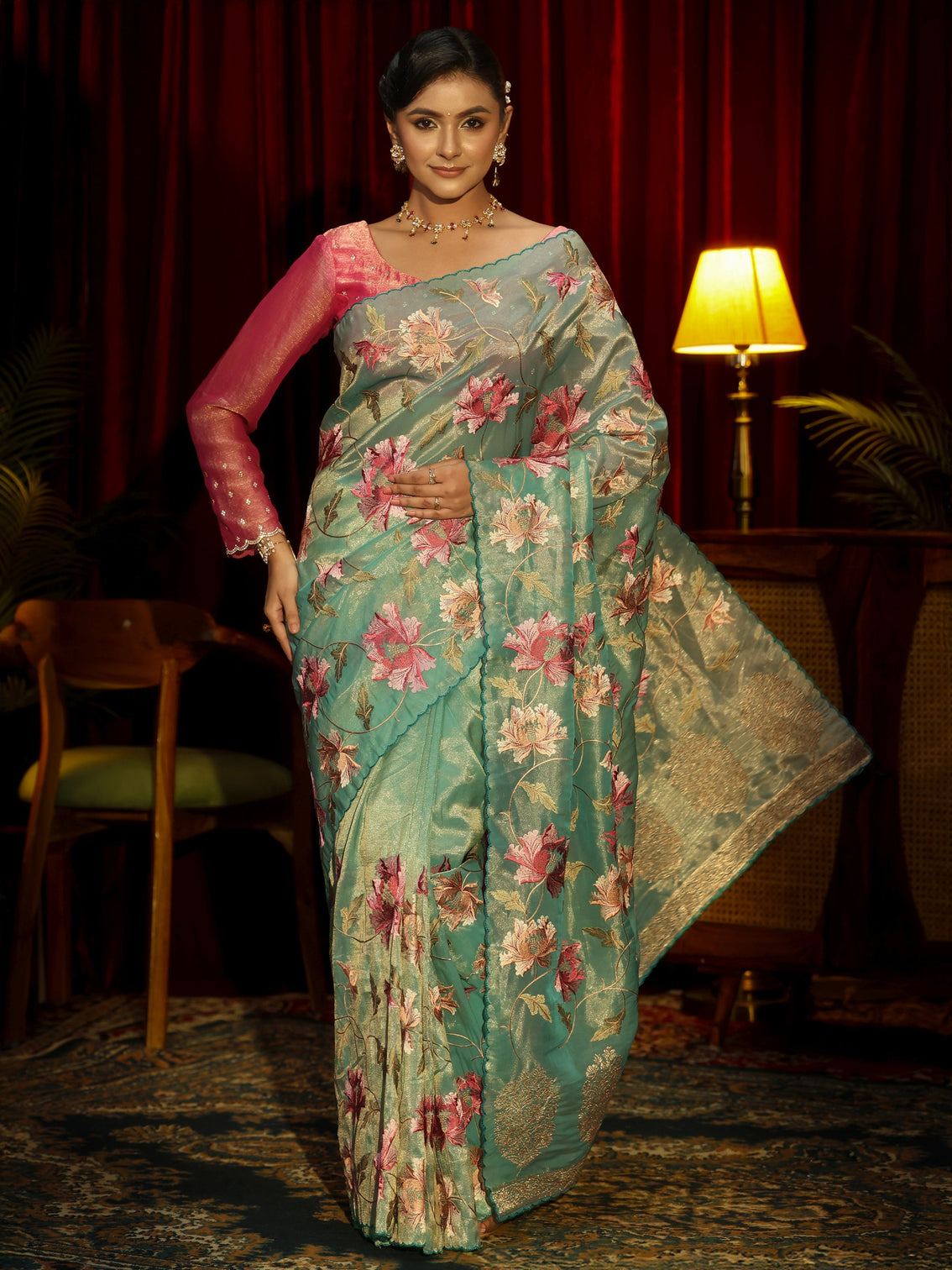 Mameraa Sea Green Floral Printed Organza Saree