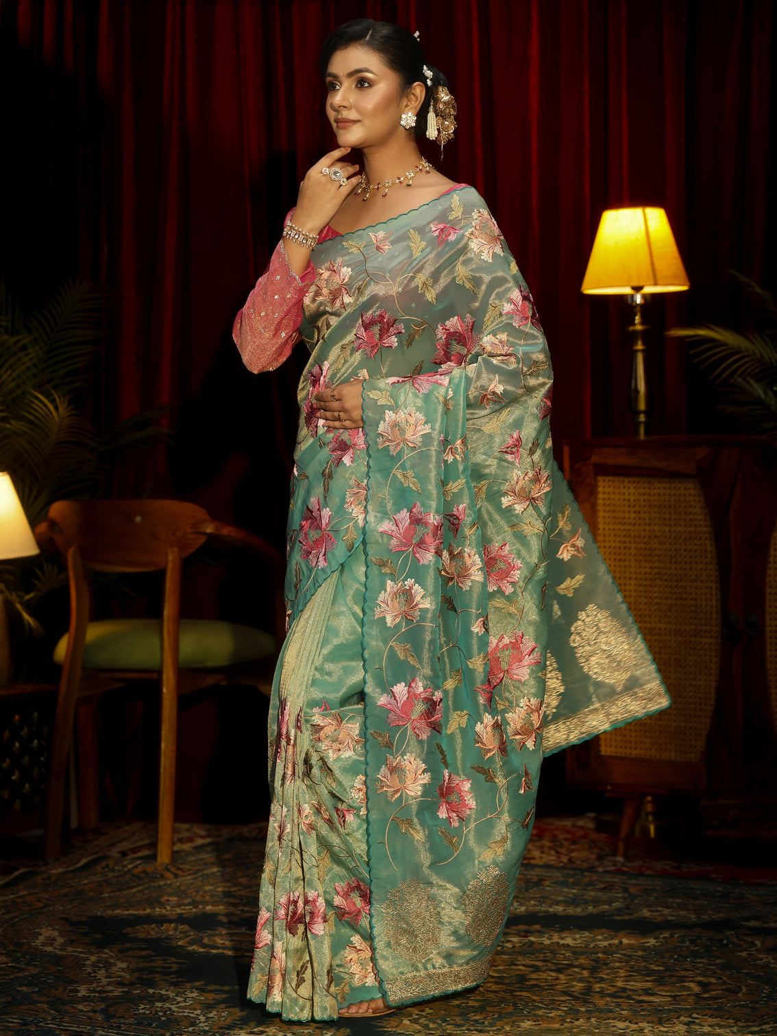 Mameraa Sea Green Floral Printed Organza Saree