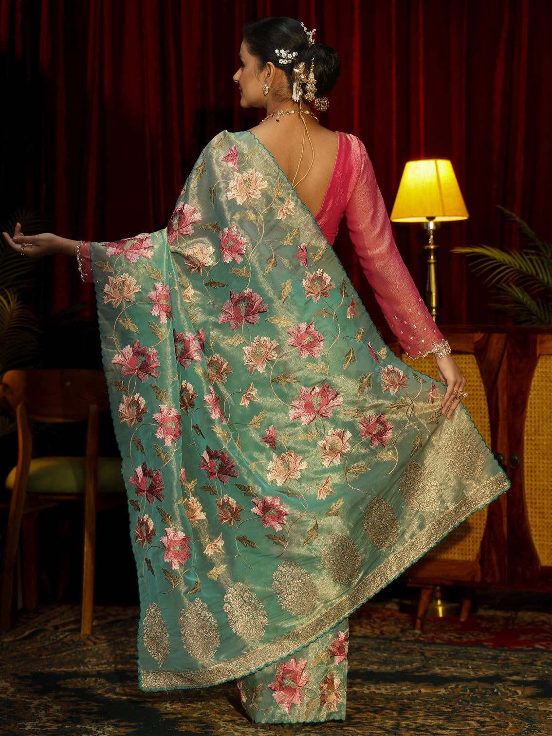 Mameraa Sea Green Floral Printed Organza Saree