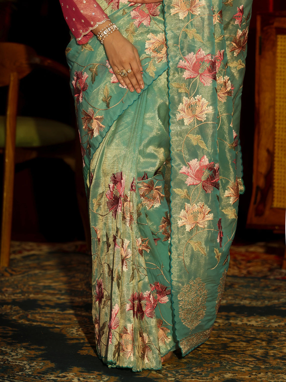 Mameraa Sea Green Floral Printed Organza Saree