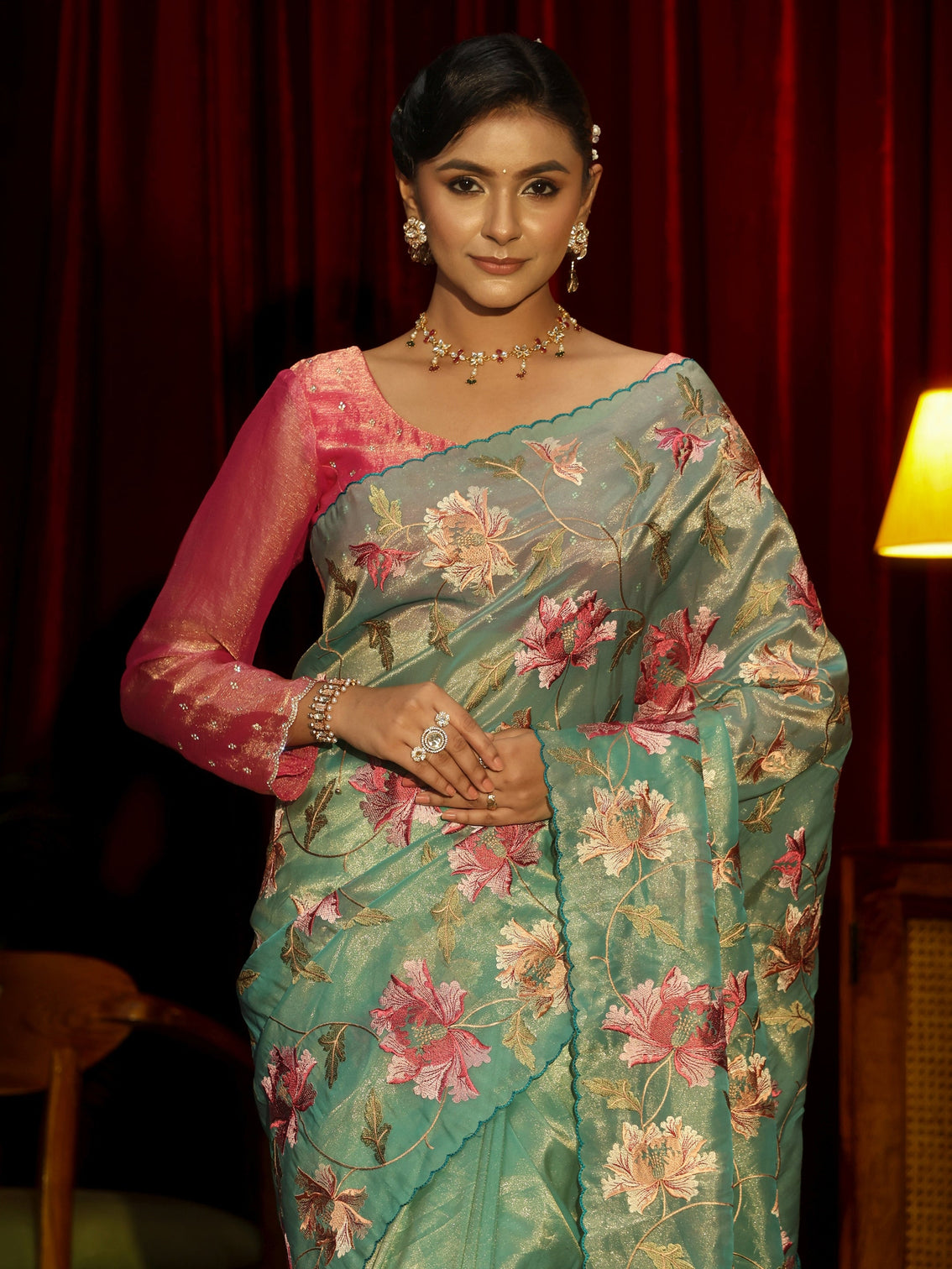 Mameraa Sea Green Floral Printed Organza Saree