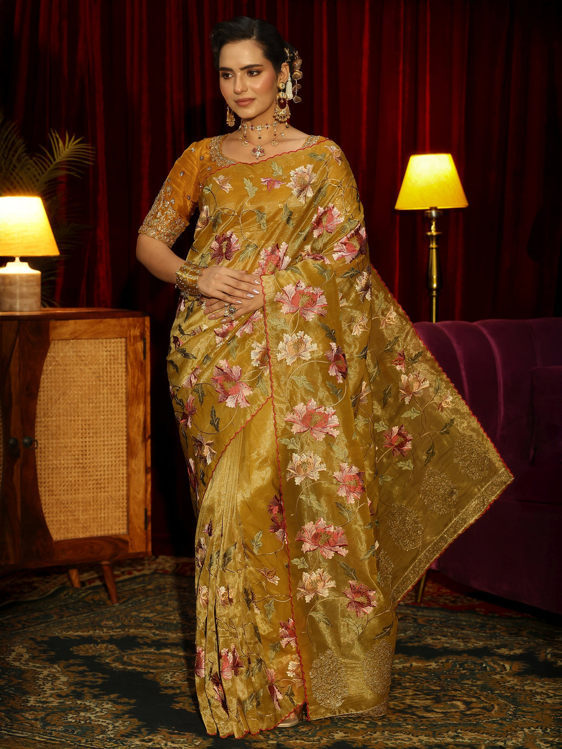 Mameraa Mustard Floral Printed Organza Saree