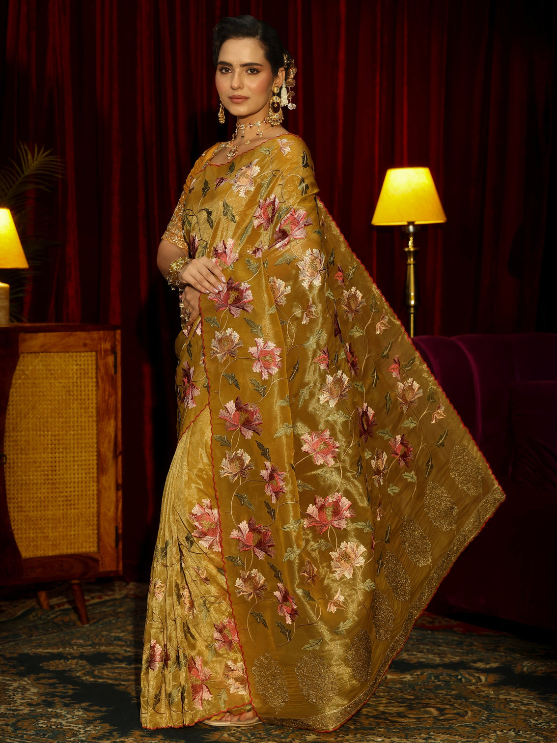 Mameraa Mustard Floral Printed Organza Saree