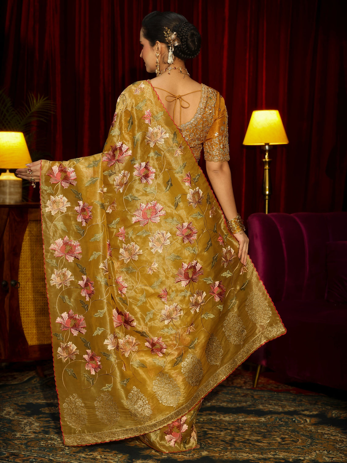 Mameraa Mustard Floral Printed Organza Saree