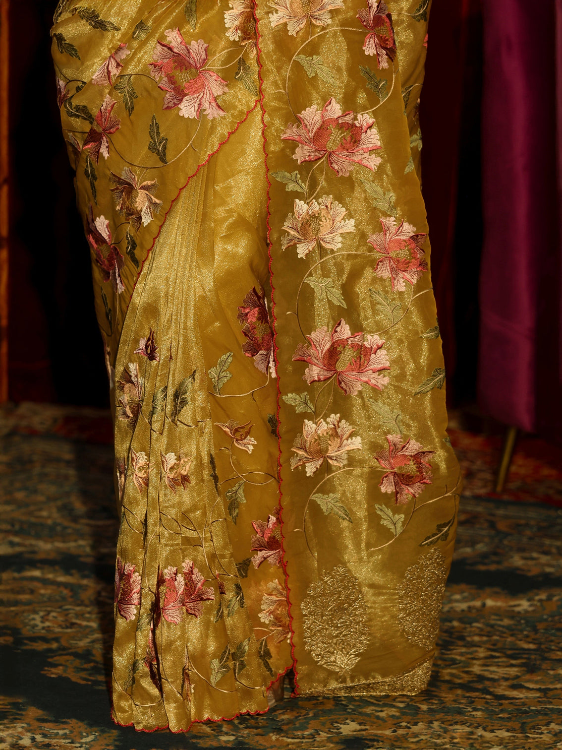 Mameraa Mustard Floral Printed Organza Saree