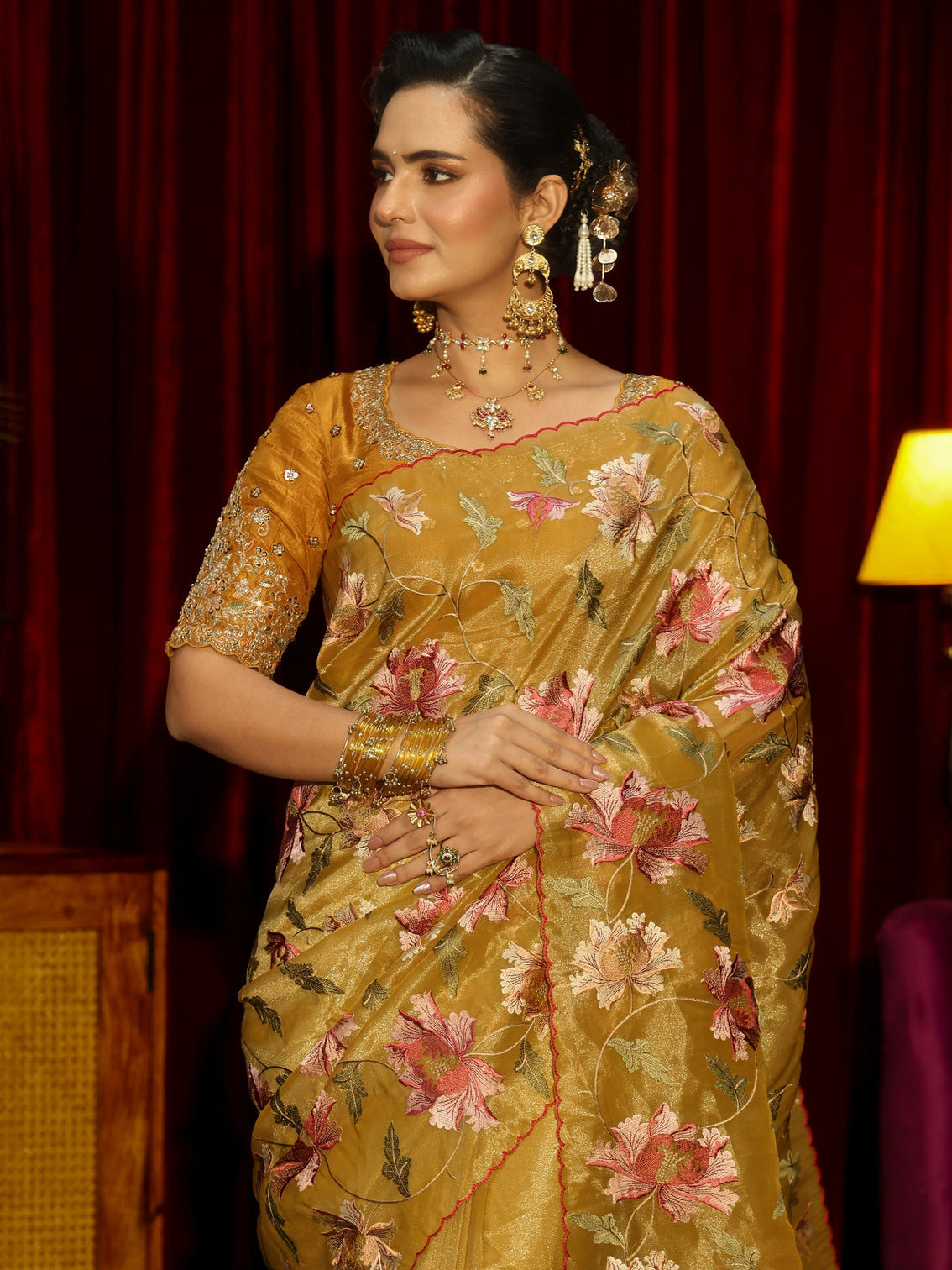 Mameraa Mustard Floral Printed Organza Saree