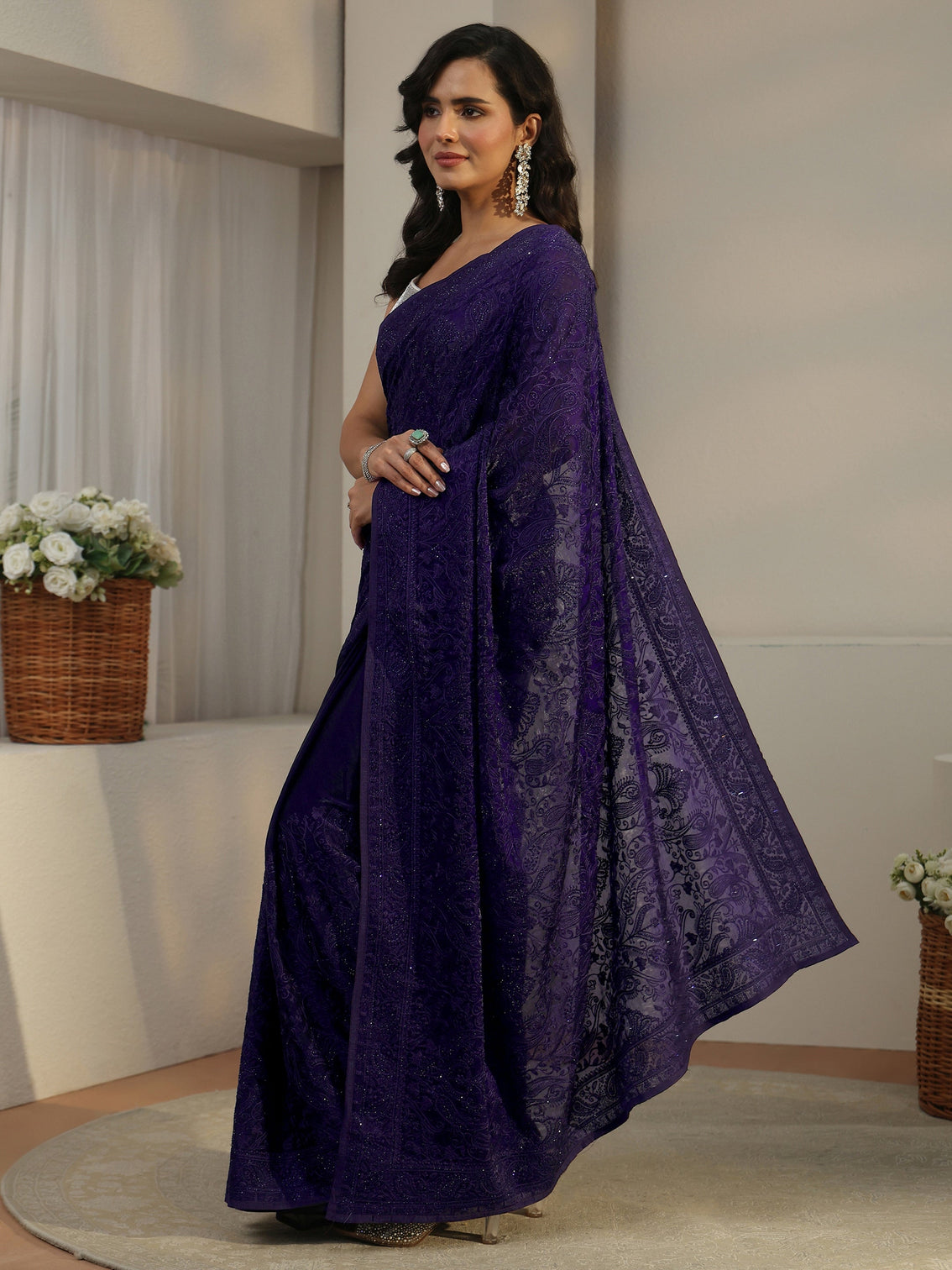 Mameraa Art Violet Embroidered Tissue Saree