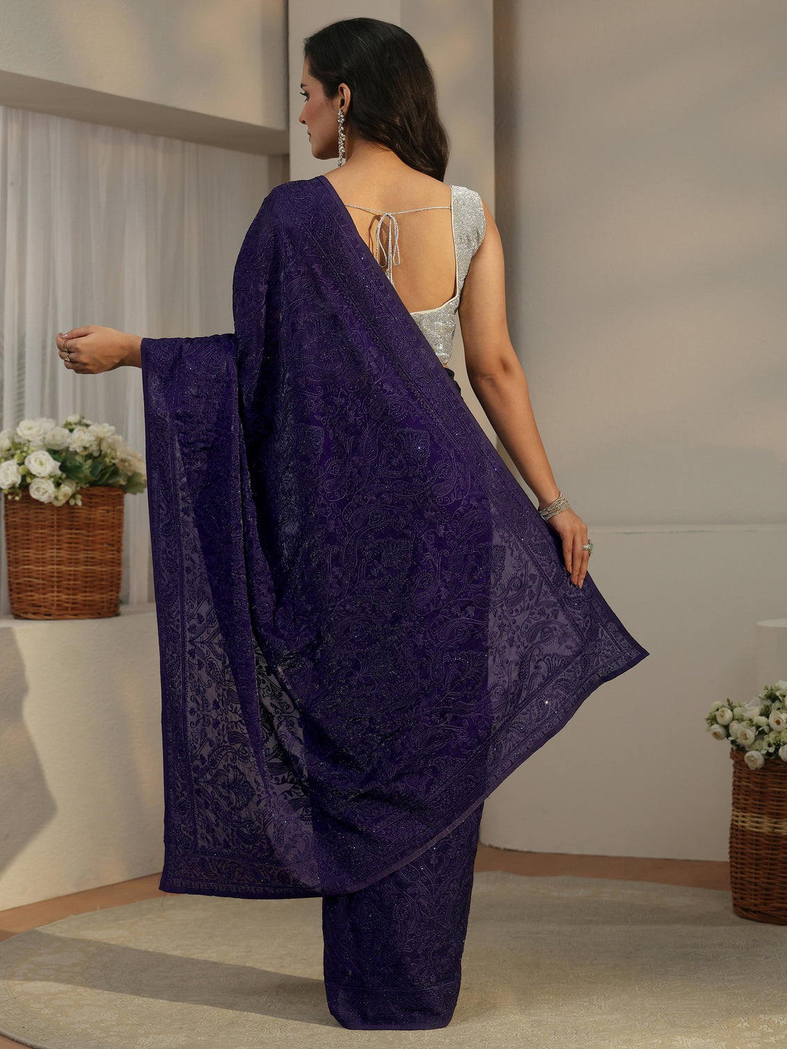 Mameraa Art Violet Embroidered Tissue Saree