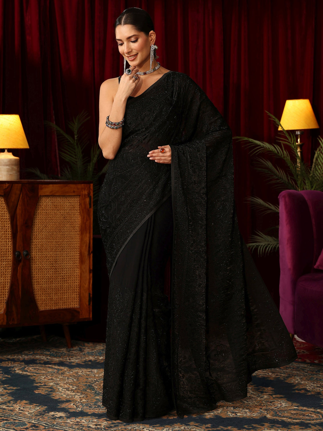 Mameraa Art Black Embroidered Tissue Saree with Stone Work