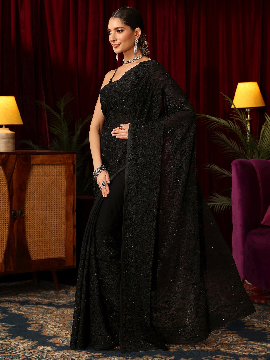 Mameraa Art Black Embroidered Tissue Saree with Stone Work
