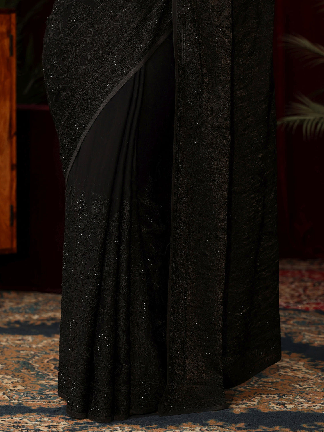 Mameraa Art Black Embroidered Tissue Saree with Stone Work