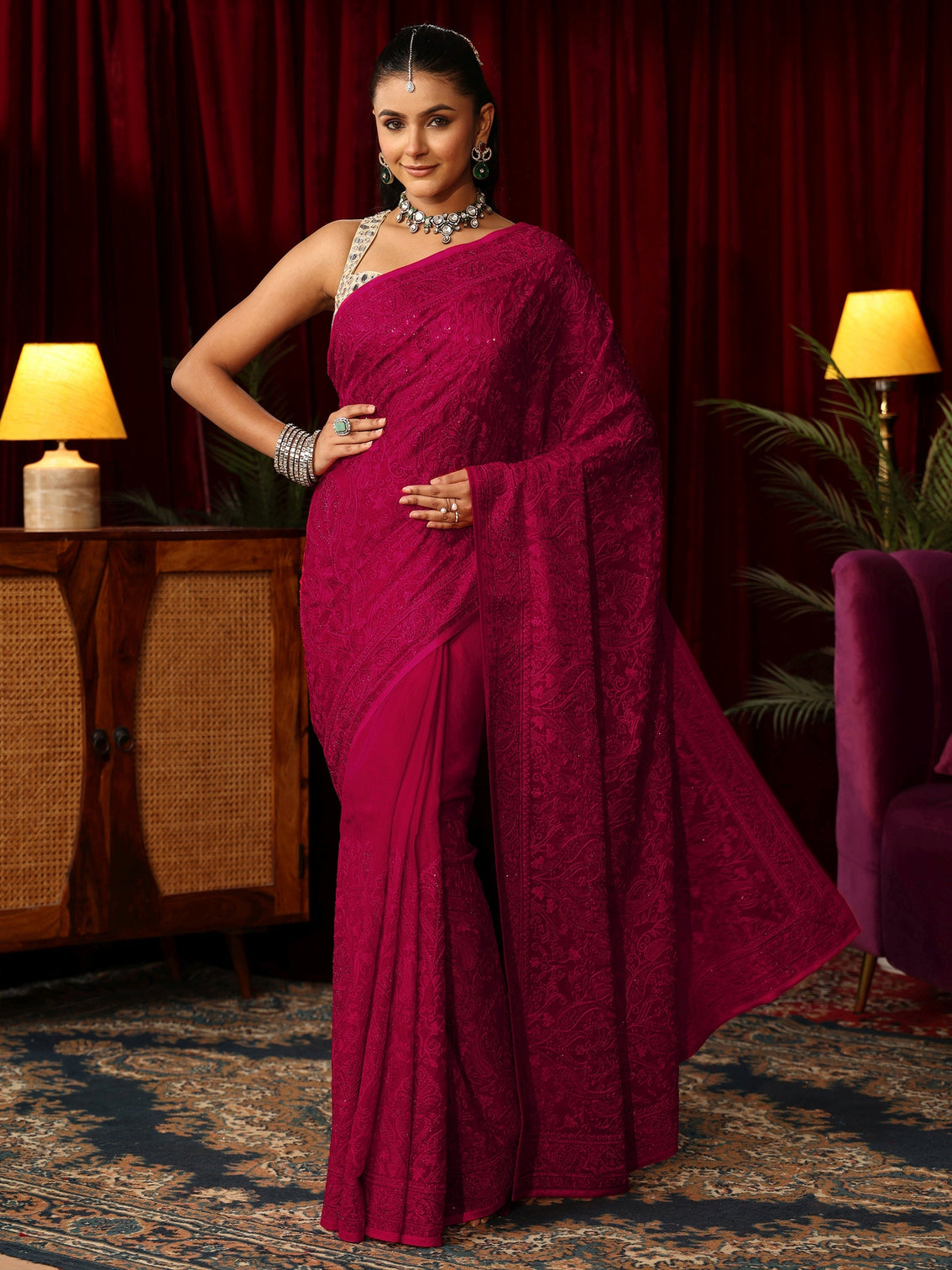 Mameraa Art Rose Pink Embroidered Tissue Saree with Stone Work