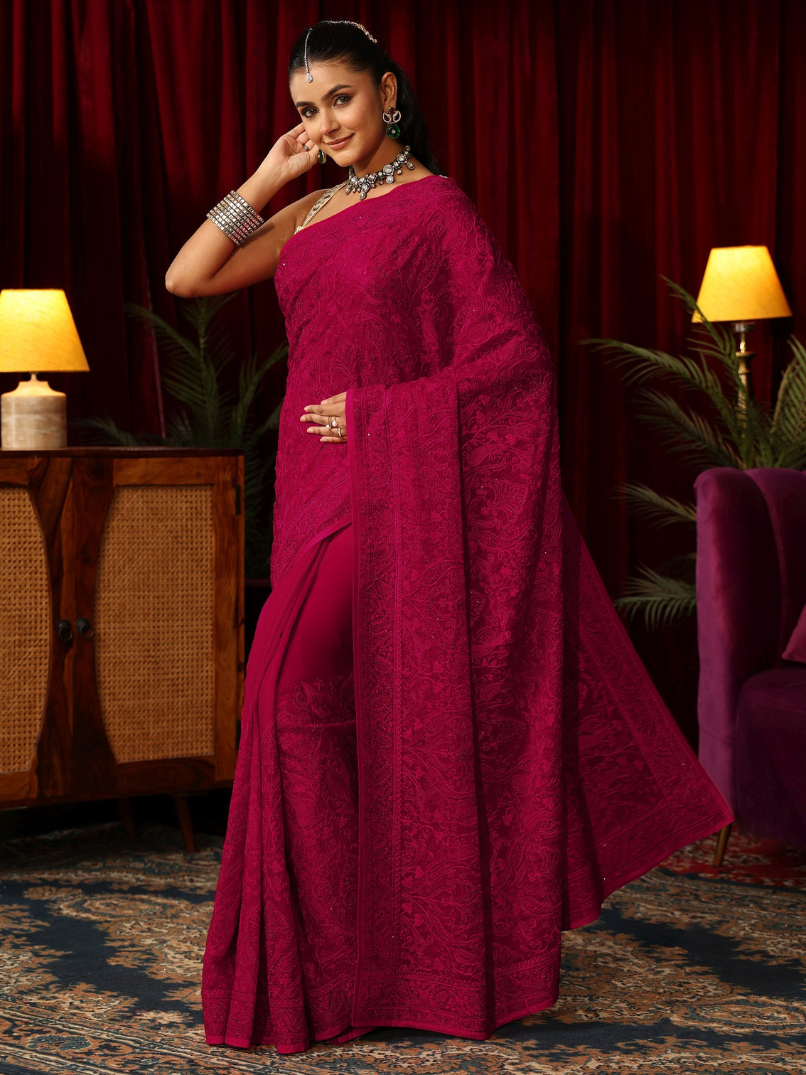 Mameraa Art Rose Pink Embroidered Tissue Saree with Stone Work